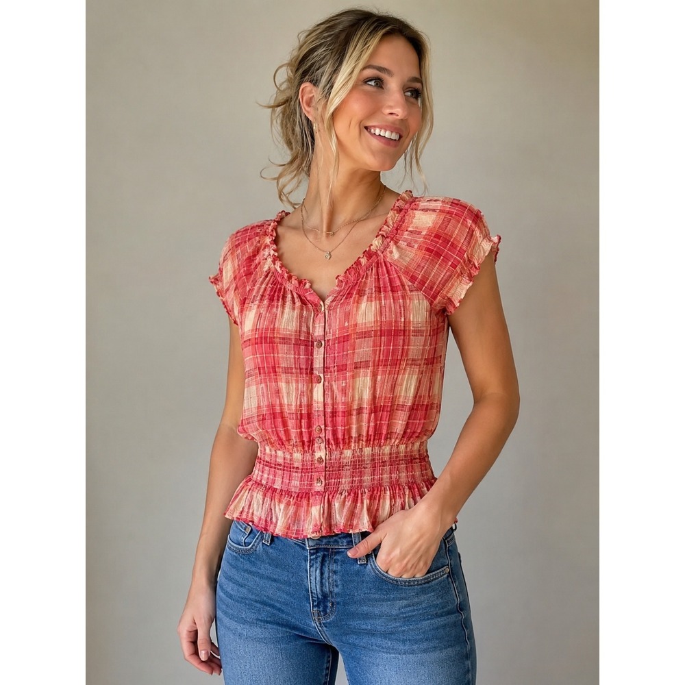 BandolinoBlu Women's Blouse Size Medium Pink Plaid Smocked Top